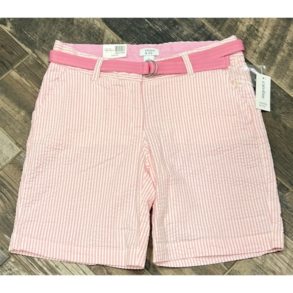 New $45 Crown & Ivy Caroline Women Seersucker Shorts Pink White 9" Inseam Size 4